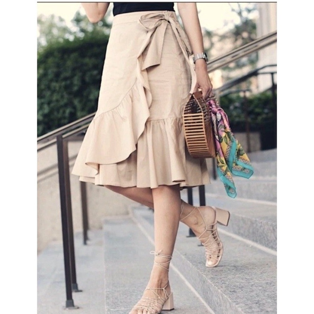 Ann Taylor LOFT‎ Tan Faux Wrap Midi Skirt Ruffle Tie Waist Size 6